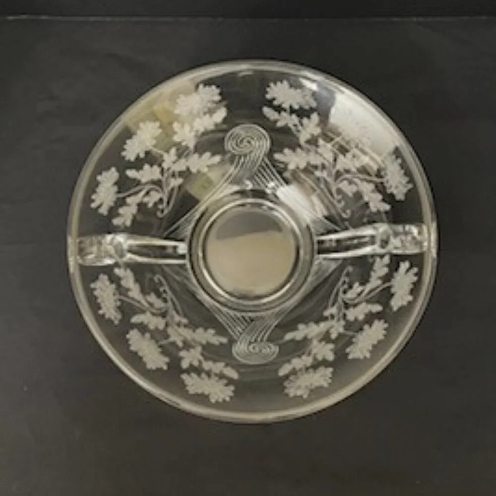 Vtg Etched Glass Bowl Floral Flowers Scrolled‎ Handles 9